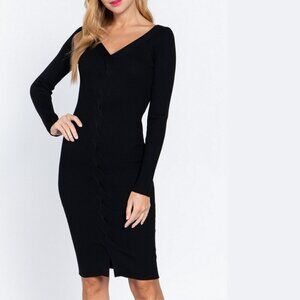 Deep Double V-neck Twist Detail Sweater Stretch Midi Dress in Black or Pink